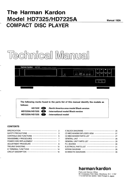 Harman Kardon Model HD7325-HD7225A Compact Disc Player Technical Service Manual