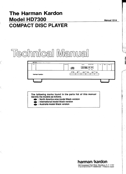Harman Kardon Model HD7300 Compact Disc Player Technical Service Manual