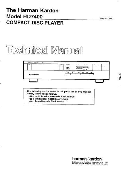 Harman Kardon Model HD7400 Compact Disc Player Technical Service Manual