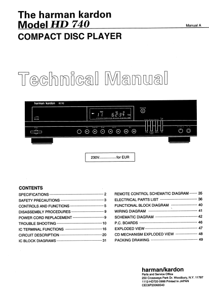 Harman Kardon Model HD740 EUR Compact Disc Player Technical Service Manual