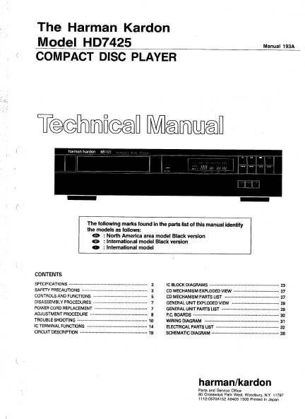 Harman Kardon Model HD7425 Compact Disc Player Technical Service Manual