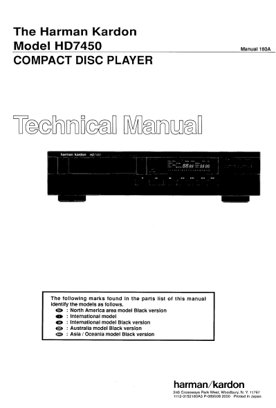 Harman Kardon Model HD7450 Compact Disc Player Technical Service Manual