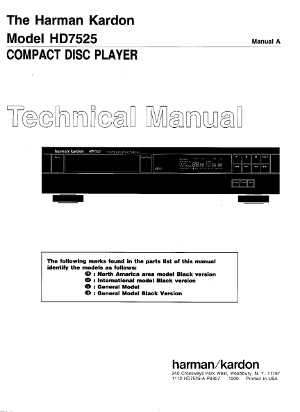 Harman Kardon Model HD7525 Compact Disc Player Technical Service Manual