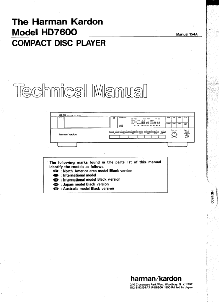 Harman Kardon Model HD 7600 Compact Disc Player Technical Service Manual