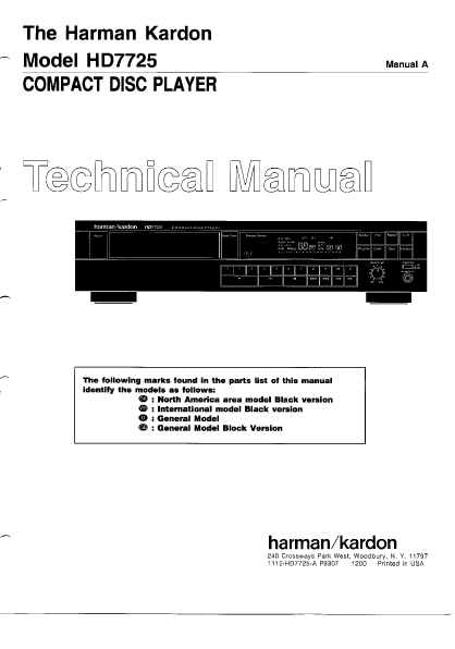Harman Kardon Model HD7725 Compact Disc Player Technical Service Manual