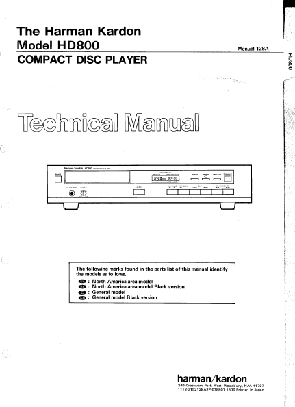 Harman Kardon Model HD800 Compact Disc Player Technical Service Manual