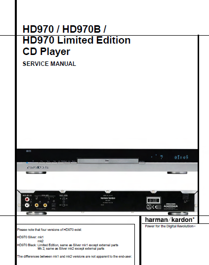 Harman Kardon Model HD970-HD970B Limited Edition CD Player Service Manual