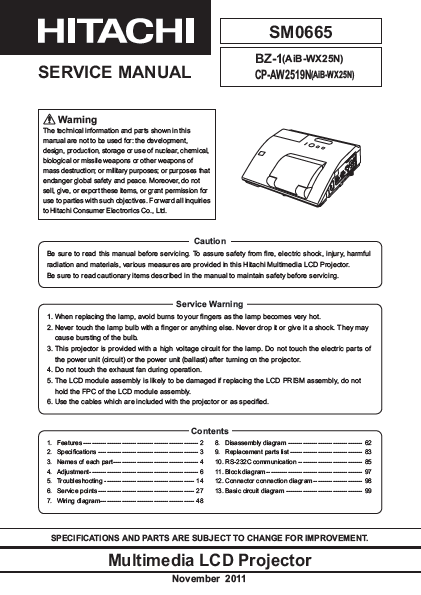 HITACHI CP-AW2519N Multimedia LCD Projector Service Manual
