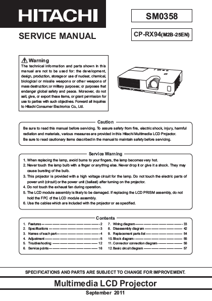 HITACHI CP-RX94 Multimedia LCD Projector Service Manual
