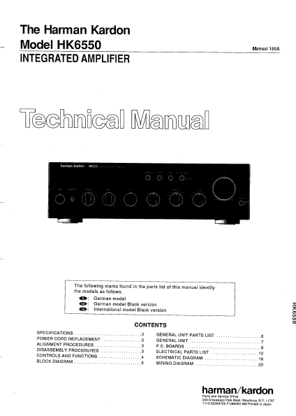 Harman Kardon Model HK6550 Integrated Amplifier Technical Service Manual