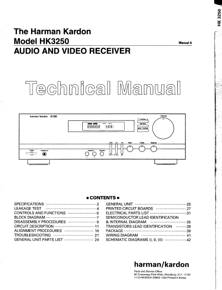Harman Kardon HK3250 Audio and Video Receiver Technical Service Manual