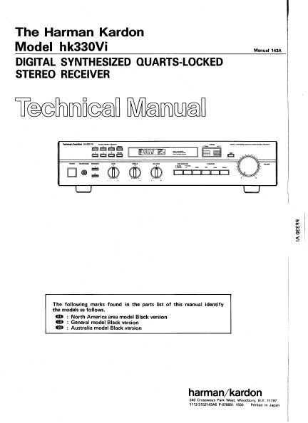 Harman Kardon Model hk330Vi Digital Synthesized Quarts-Locked Stereo Receiver Technical Service Manual