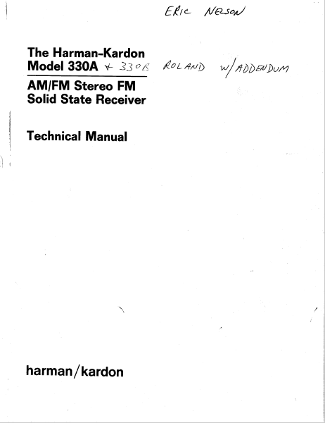 Harman Kardon Model 330A-330B Stereo FM Solid State Receiver Technical Service Manual