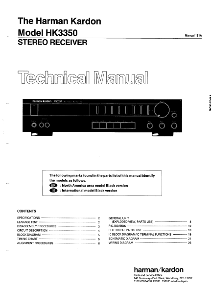 Harman Kardon Model HK3350 Stereo Receiver Technical Service Manual
