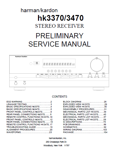 Harman Kardon Model hk3370-3470 Stereo Receiver Preliminary Service Manual