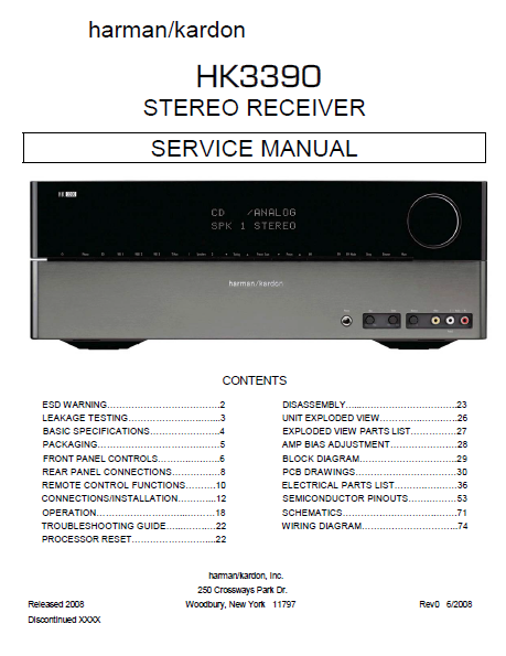 Harman Kardon HK3390 Stereo Receiver Service Manual
