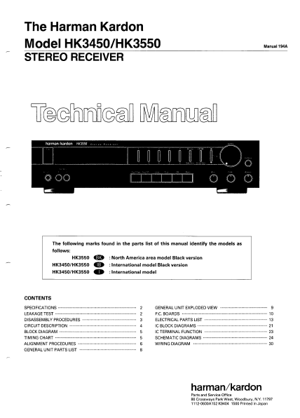 Harman Kardon HK3450-HK3550 Stereo Receiver Technical Service Manual