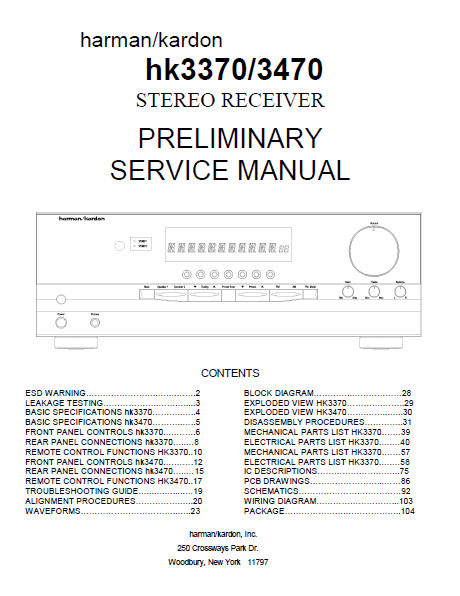 Harman Kardon hk3370-3470 Stereo Receiver Preliminary Service Manual
