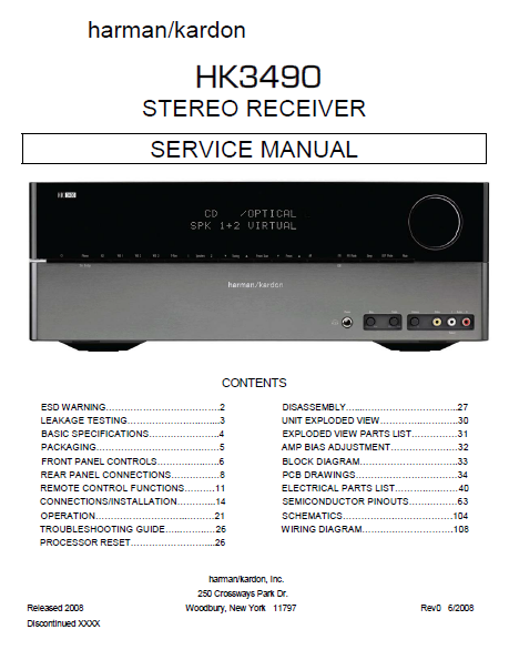 Harman Kardon HK3490 Stereo Receiver Service Manual