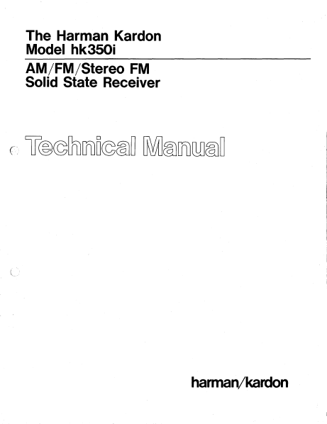 Harman Kardon hk350i Stereo FM Solid State Receiver Technical Service Manual