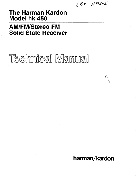 Harman Kardon Model hk 450 Stereo FM Solid State Receiver Technical Service Manual