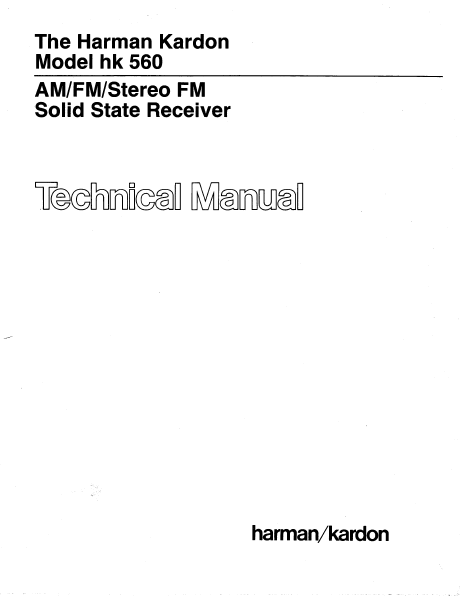 Harman Kardon Model hk 560 Stereo FM Solid State Receiver Technical Service Manual