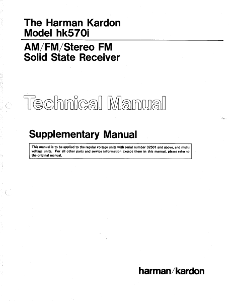 Harman Kardon Model hk570i Stereo FM Solid State Receiver Technical Service Manual