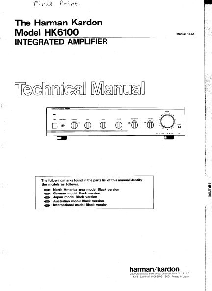 Harman Kardon Model HK6100 Integrated Amplifier Technical Service Manual