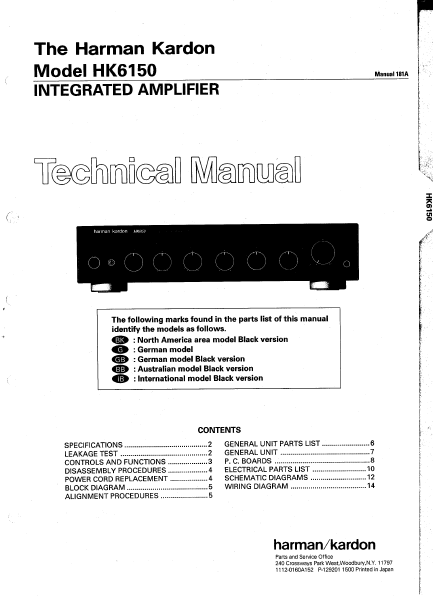 Harman Kardon Model HK6150 Integrated Amplifier Technical Service Manual