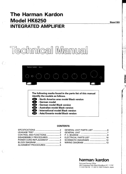 Harman Kardon Model HK6250 Integrated Amplifier Technical Service Manual