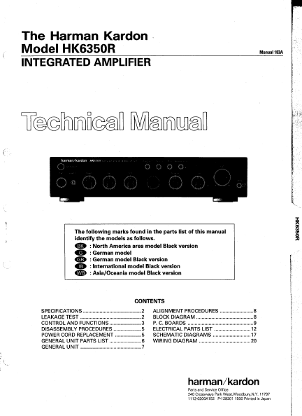 Harman Kardon Model HK6350R Integrated Amplifier Technical Service Manual