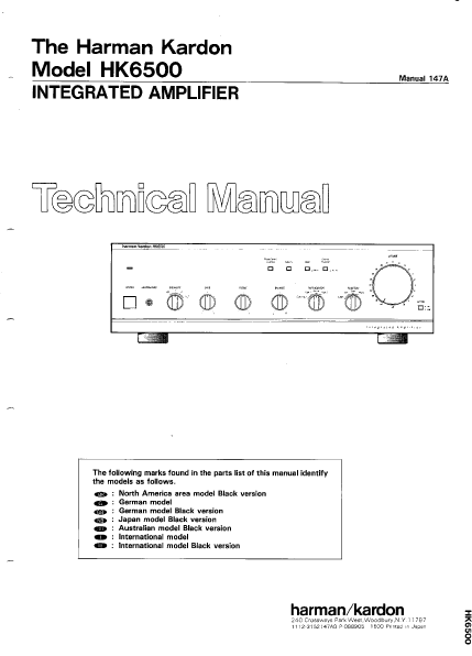 Harman Kardon Model HK6500 Integrated Amplifier Technical Service Manual
