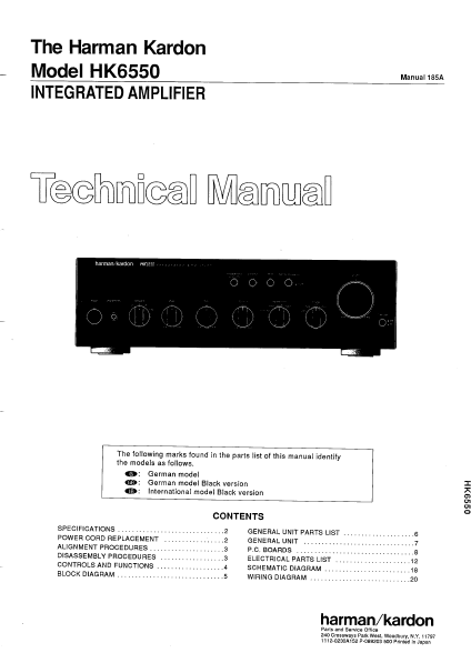 Harman Kardon Model HK6550 Integrated Amplifier Technical Service Manual