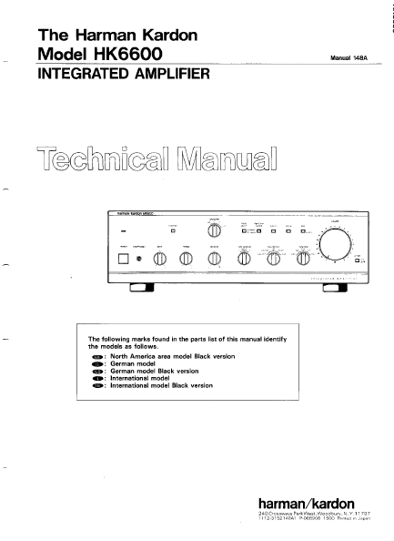 Harman Kardon Model HK6600 Integrated Amplifier Technical Service Manual