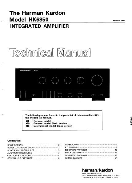 Harman Kardon HK6850 Integrated Amplifier Technical Service Manual