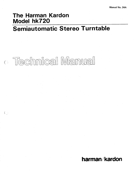 Harman Kardon hk720 Semiautomatic Stereo Turntable Technical Service Manual