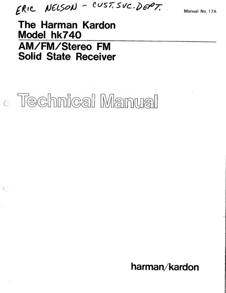 Harman Kardon Model hk740 Stereo FM Solid State Receiver Technical Service Manual