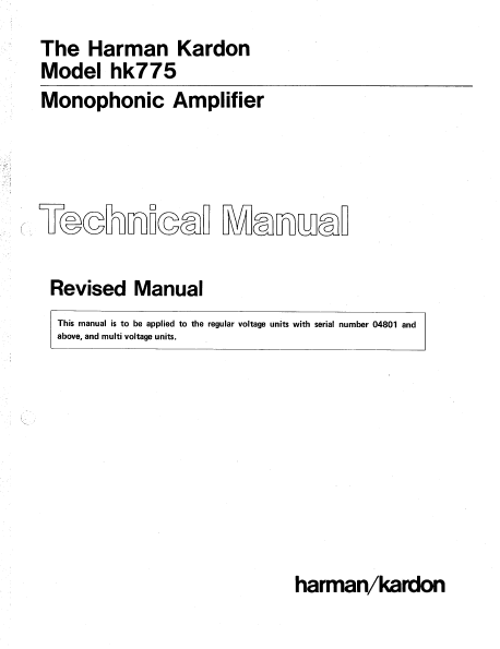 Harman Kardon Model hk775 Monophonic Amplifier Technical Service Manual