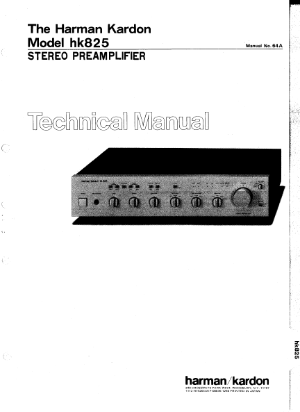 Harman Kardon Model hk825 Stereo Preamplifier Technical Service Manual