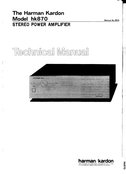 Harman Kardon Model hk870 Stereo Power Amplifier Technical Service Manual