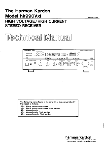 Harman Kardon hk990Vxi High Voltage/High Current Stereo Receiver Technical Service Manual