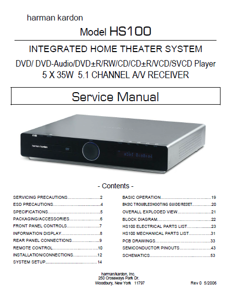 Harman Kardon Model HS100 Integrated Home Theater System Service Manual