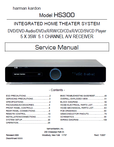 Harman Kardon Model HS300 Integrated Home Theater System Service Manual