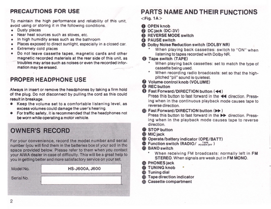 AIWA HS-J600A J6000 Owner' Manual