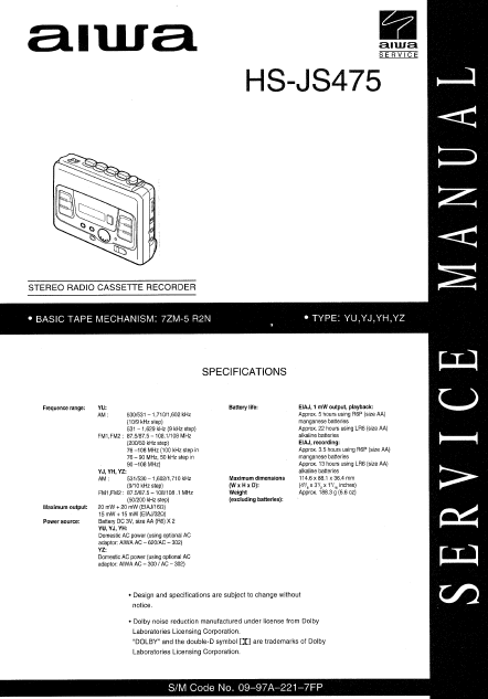 AIWA HS-JS475 Stereo Radio Cassette Recorder Service Manual