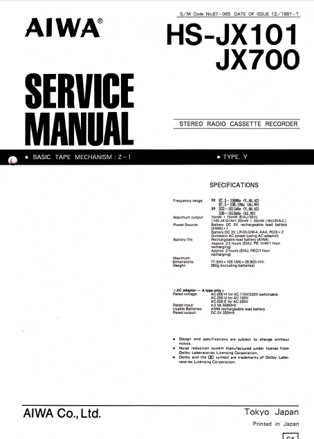 AIWA HS-JX101 Stereo Radio Cassette Recorder Service Manual