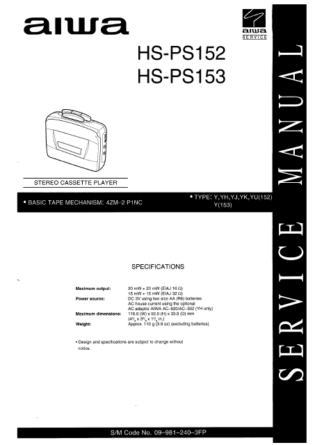AIWA HS-PS152 Stereo Cassette Player Service Manual