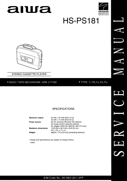 AIWA HS-PS181 Stereo Cassette Player Service Manual