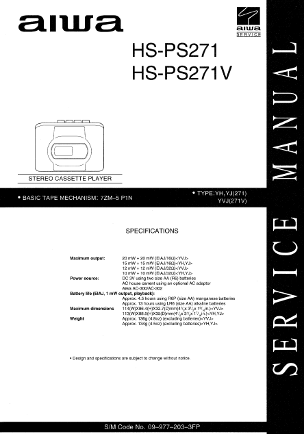 AIWA HS-PS271 Stereo Cassette Player Service Manual