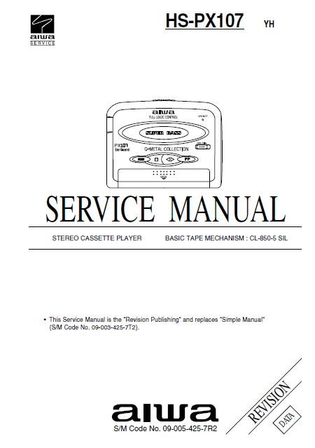 AIWA HS-PS107 YH Revision Stereo Cassette Player Service Manual
